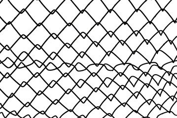 Fototapeta premium The texture of the metal mesh. Torn, destroyed, broken metal mesh on a white background