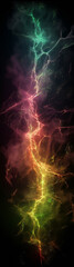 A beautiful illustration of a colorful lightning charge on a dark background. Colorful streams of energy of different colors that glow in the dark during a lightning flash. High quality Generative AI