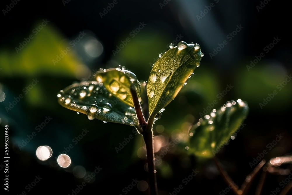 Wall mural young plant with water drops, created with generative ai