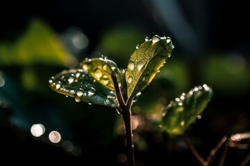 Young plant with water drops, created with generative AI