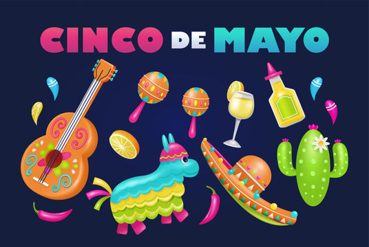 Cinco de Mayo, a federal holiday in Mexico. Fiesta poster and banner design elements 3d vector with guitar, cactus, hat, pinata and tequila