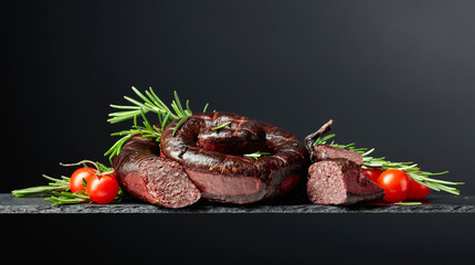 Traditional European black pudding or blood sausage with rosemary and tomatoes.