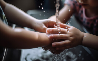 Fototapeta premium Children wash their hands. Generative AI