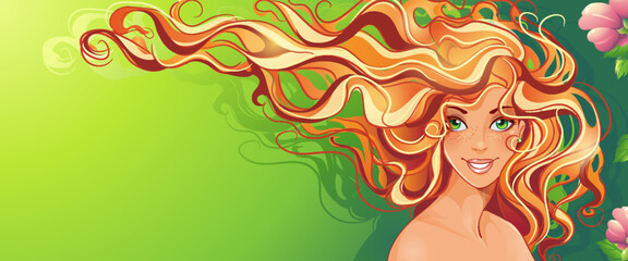 Bright vector illustration banner with red-haired girl and flowers on green backrgound