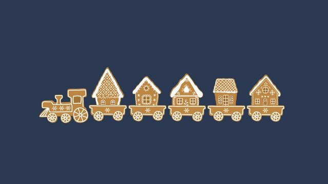 Christmas animation with alpha channel. Gingerbread train. Train with sweets on dark blue background, gingerbread houses