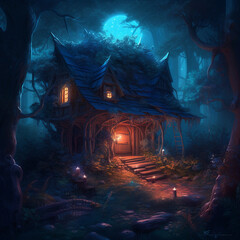 A beautiful fairy-tale illustration with a lonely wizard's hut deep in the forest thicket. A lot of small lights around illuminate the hut at night. Fabulous landscape Generative AI