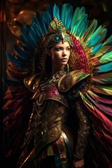 Fototapeta premium Beautiful asian model in a gorgeous colorful costume with large feathers and glittering pailettes inspired by venetian carnival, fashion photography, generated with AI