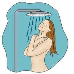 Woman taking shower. Hygiene, cleanliness, beauty. Cosmetics, bathroom indoor, apartment, comfort. Morning routine concepts