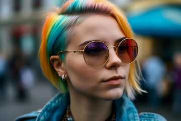 Fototapeta na wymiar Hipster lesbian girl with hair dyed in the color of the lgbt flag. Generative AI