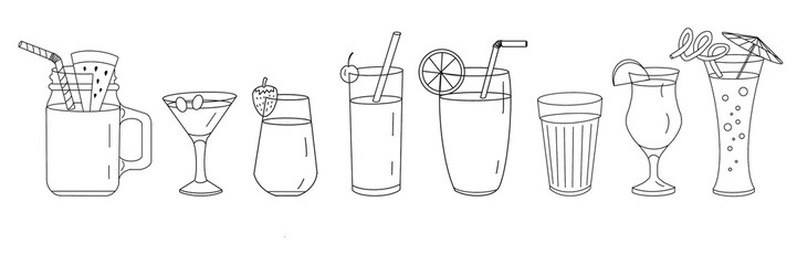 Cold refreshment summer drink. Set of smoothies in different cups. black outlines on a white background. Summer cocktail. Menu for cafe. Simple Minimal Pictogram