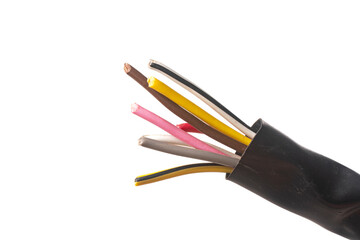 Electric cable ends, isolated on white. Colorful bundle of copper electric cables.