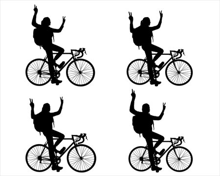 Big set of silhouettes of women cyclists. A girl on a bike with a large tourist backpack. A woman rides a bike and shows a "victory" gesture with her hands. Competition winner. Competitions. Side view