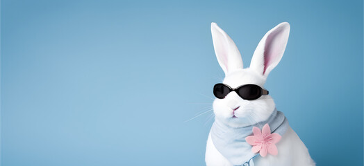 Fototapeta premium Adorable white rabbit with eyeglasses and fashionable dress.