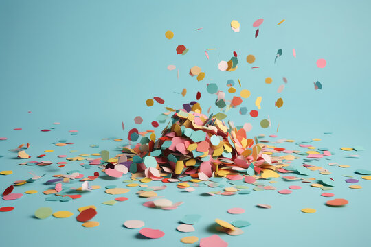 Party celebration confetti falling on a blue background. Generative ai