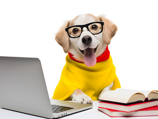 Smiling labrador retriever dog with eyeglasses. Concept of hardworking pet.