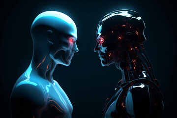 White and black cyborgs looking on each other. generative ai