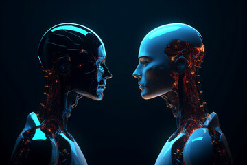 White and black cyborgs looking on each other. generative ai