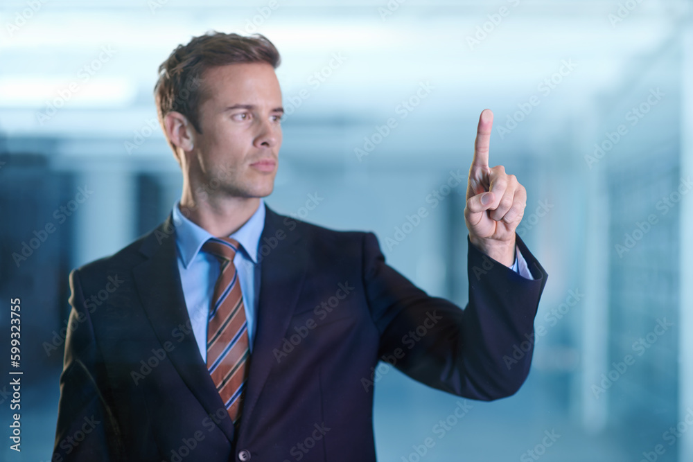 Poster hes taking his business to a new level. a handsome young business professional using a digital inter
