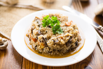 cooked bulgur with mushrooms, carrots and vegetables in a plate