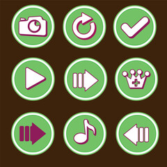 Game ui kit, cartoon gaming interface buttons, icons, menu. set of circle buttons for game.
