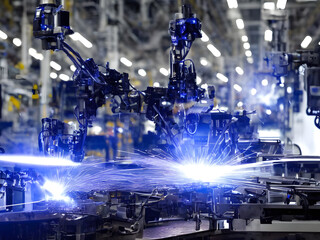 Modern High Tech  Industrial Robotic  arm on the factory production line production line is being welded. Generative AI.