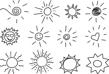 Cute cartoon hand drawn sun drawing. Sweet vector black and white sun drawing. Isolated monochrome doodle sun drawing on white background.