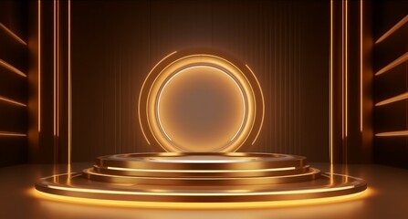 Beautiful futuristic podium with light neon panels for product presentation. Generative AI