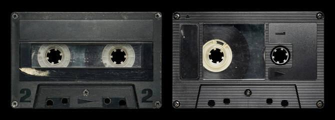 Old cassette tape collection with blank label mockup templates