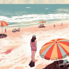 Illustration of a girl on the beach with umbrellas.