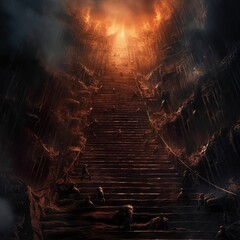 Staircase leading to hell, 3d render. Fire and smoke.