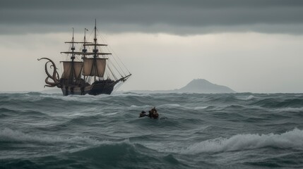 Pirate ship in the stormy sea. Toned image.