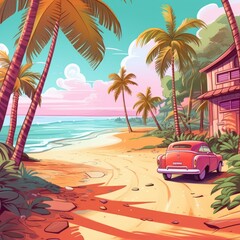 Tropical beach with palm trees and retro car.
