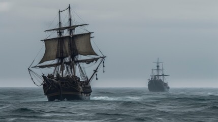 Fototapeta na wymiar Pirate ship in stormy sea. Tall ship in stormy sea. Battle