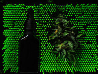 Cannabis oil in a glass bottle with marijuana leaves on a black background with green neon lights