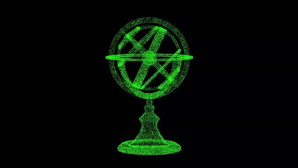 3D armillary sphere on black bg. Object dissolved flickering particles. Scientific historical concept. For title, text, presentation. 3d animation.