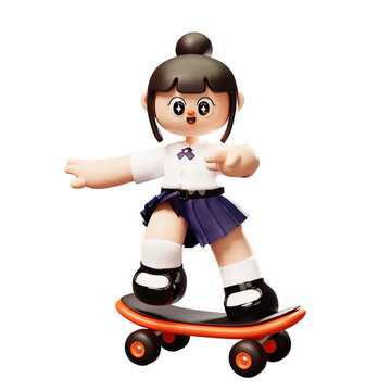 Student girl character wearing student uniform rides skateboarding have fun, joy and happy. 3D render
