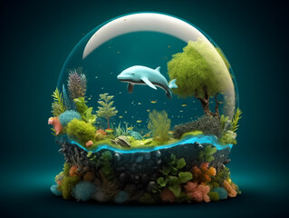 Model of the underwater world in.glass ball, whales, carals. Generative AI