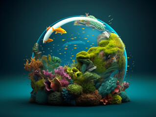 Model of the underwater world in.glass ball, whales, carals. Generative AI