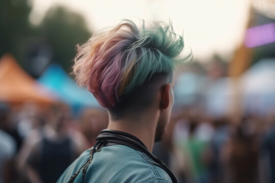 Rear view of an unrecognizable hipster guy at music festival. Selective focus on colored hairstyle. Generative AI