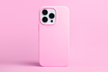 pink phone case mockup. iPhone 14 pro max and 13 mock up back view isolated on monochrome color background