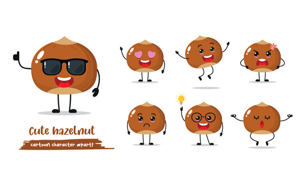 Cute happy brown hazelnut different emotion activity. Funny hazelnut fruit  in flat style. Hazelnut vector emoji cartoon illustration.
