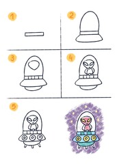 Step by step drawing of funny alien in flying saucer. Coloring by sample. Easy level for preschoolers. Workbook for kids. Color illustration. Texture line. 