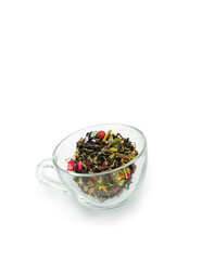 Glass cup with dry tea brew of herbal leaves, fruits, berries on abstract white background. medical useful herbs for infusion. herbal vitamins tea for remedy for flu, cold, strengthening immunity.