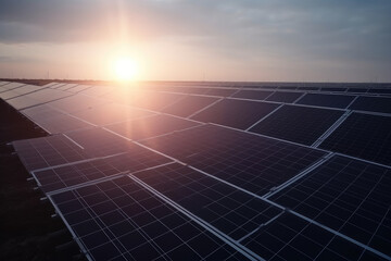 Solar Panels At Sunset Renewable Energy Concept. Generative AI