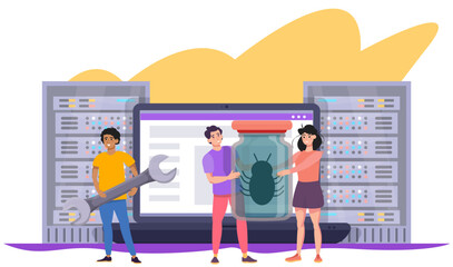 QA, quality assurance concept. Software testing illustration. Testers found a bug. Developer programmer with a screwdriver. QA engineer looking for mistakes defects in code. Flat vector illustration.