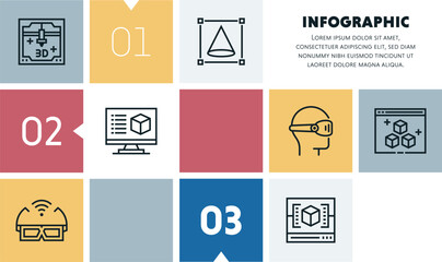 3D game assets infographic design with icons, made by thin line style with editable strokes.