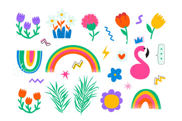 Collection of graphic elements in vivid vibrant colors to create summer cards posters and invitations. Isolated vector flowers leaves rainbows flowers  and abstract shapes