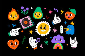 Abstract funny cute characters and elements from comics. A large set of colorful vector isolated illustrations. Cartoon style.  Poster cards and logo templates. Music party funky characters.
