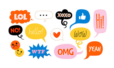 Various speech bubbles with words. Vector images collection of different shapes. Abstract modern trendy images. Isolated elements. Greetings and likes drawings.
