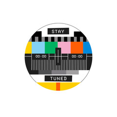 TV colour bars. Old television broadcast Test Card.A test television card with rainbow stripes and geometric signals. Technological retro equipment from the 80s. T-shirt design. Stay tuned
